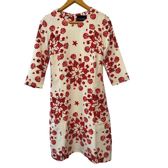 Samantha Sung Red & Ivory 100% Silk Printed Midi Dress with 3/4 Sleeves Size 2 - Picture 1 of 11